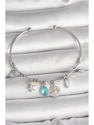 Pirinç Gümüş Renk Sallantı Pusula Figür Kalp Detay Charm Kadın Bileklik