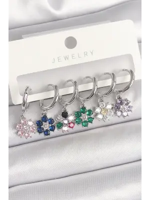 Pirinç Gümüş Renk Sallantı Renkli Zirkon Taşlı Çiçek Model Kadın Küpe Seti