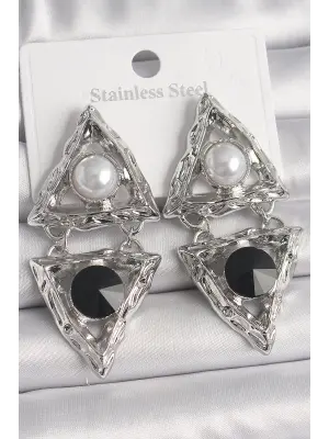  Gümüş Sallantı Üçgen Model İnci Detay Çelik Küpe