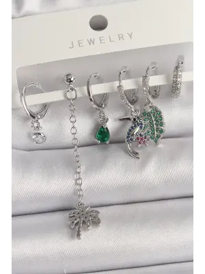  Gümüş Sallantı Zirkon Taşlı Ağaç Figür Çoklu Çelik Küpe Seti