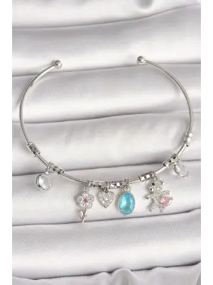 Pirinç Gümüş Renk Sallantı Zirkon Taşlı Ayıcık Figür Çiçek Detay Charm Kadın Bileklik