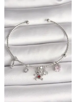 Pirinç Gümüş Renk Sallantı Zirkon Taşlı Ayıcık Figür Kırmızı Taş Detay Charm Kadın Bileklik