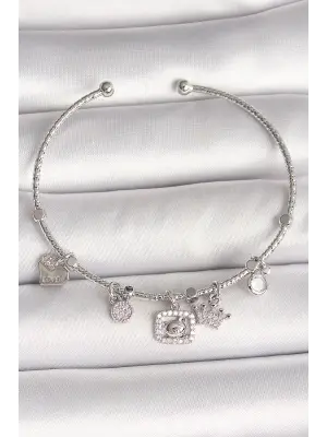 Pirinç Gümüş Renk Sallantı Zirkon Taşlı Ayıcık Figür Taç Detay Charm Kadın Bileklik