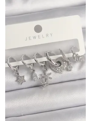  Gümüş Sallantı Zirkon Taşlı Çiçek Kalp Figür Çoklu Çelik Küpe Seti