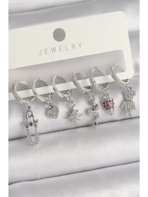  Gümüş Sallantı Zirkon Taşlı Çoklu Figür Çelik Küpe Seti