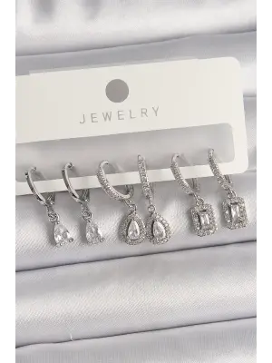  Gümüş Sallantı Zirkon Taşlı Damla Model Çelik Küpe Seti