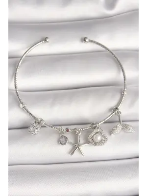 Pirinç Gümüş Renk Sallantı Zirkon Taşlı Deniz Yıldız Figür Balık Kuyruğu Detay Charm Kadın Bileklik