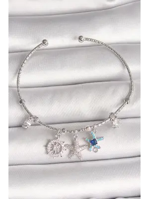 Pirinç Gümüş Renk Sallantı Zirkon Taşlı Deniz Yıldız Figür Charm Kadın Bileklik