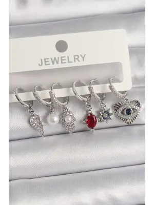 Gümüş Sallantı Zirkon Taşlı Fatma Ana El Figür Çelik Küpe Seti