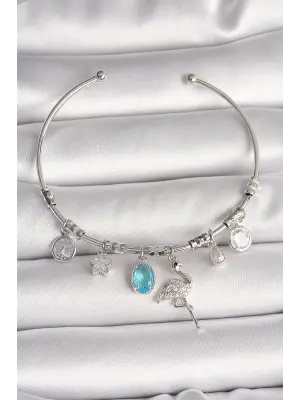 Pirinç Gümüş Renk Sallantı Zirkon Taşlı Filaminga Figür Charm Kadın Bileklik