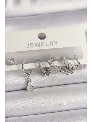  Gümüş Sallantı Zirkon Taşlı Halka Model Damla Taş Detay Çelik Küpe Seti