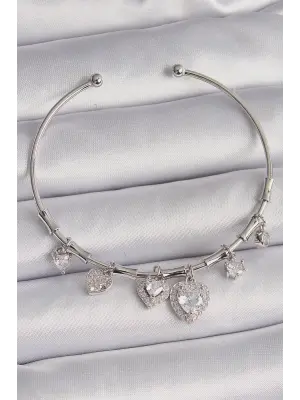 Pirinç Gümüş Renk Sallantı Zirkon Taşlı Kalp Figür Charm Bileklik