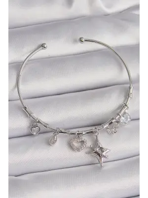 Pirinç Gümüş Renk Sallantı Zirkon Taşlı Kalp Figür Charm Bileklik