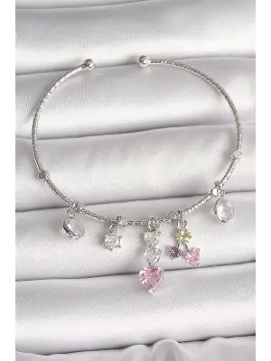 Pirinç Gümüş Renk Sallantı Zirkon Taşlı Kalp Figür Charm Kadın Bileklik