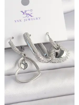 Pirinç Gümüş Renk Sallantı Zirkon Taşlı Kalp Model 3Lü Kadın Kombin Küpe