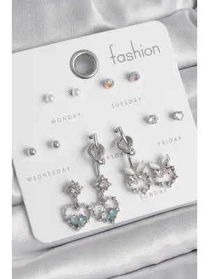 Pirinç Gümüş Renk Sallantı Zirkon Taşlı Kalp Model Düğüm Detay 7 Çift Kadın Küpe Seti