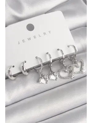  Gümüş Sallantı Zirkon Taşlı Kalp Model Halka Detay Çelik Küpe Seti