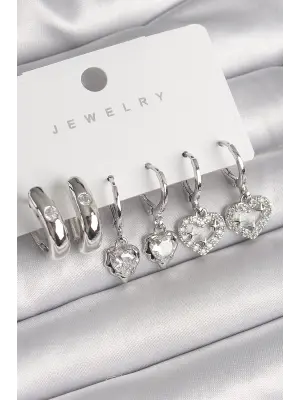  Gümüş Sallantı Zirkon Taşlı Kalp Model Halka Detay Çelik Küpe Seti