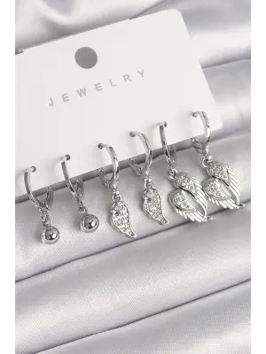  Gümüş Sallantı Zirkon Taşlı Kanat Model Topçuk Detay Çelik Küpe Seti