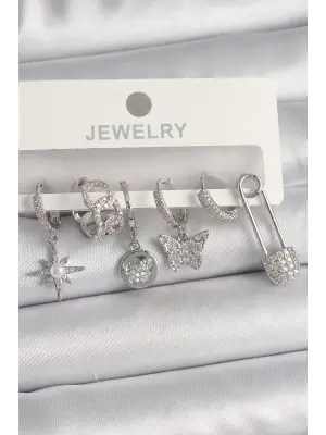 Gümüş Sallantı Zirkon Taşlı Kelebek Figür Çelik Küpe Seti