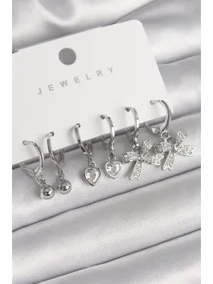  Gümüş Sallantı Zirkon Taşlı Kurdele Model Kalp Detay Çelik Küpe Seti