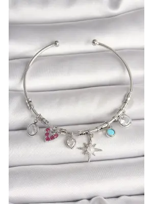 Pirinç Gümüş Renk Sallantı Zirkon Taşlı Kutup Yıldız Figür Kalp Detay Charm Kadın Bileklik