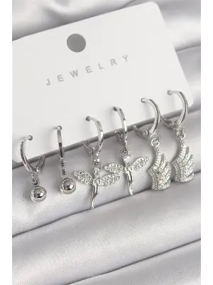  Gümüş Sallantı Zirkon Taşlı Melek Model Kanat Detay Çelik Küpe Seti