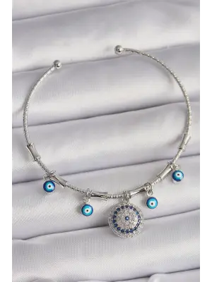 Pirinç Gümüş Renk Sallantı Zirkon Taşlı Nazar Boncuk Figür Charm Bileklik