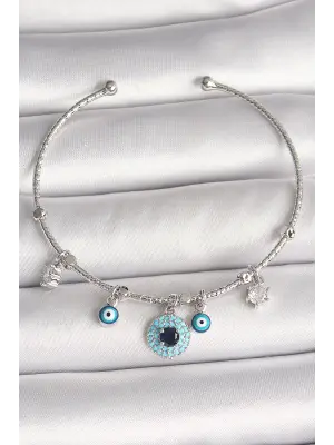 Pirinç Gümüş Renk Sallantı Zirkon Taşlı Nazar Boncuk Figür Charm Kadın Bileklik