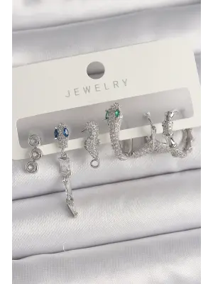  Gümüş Sallantı Zirkon Taşlı Yılan Model Çelik Küpe Seti