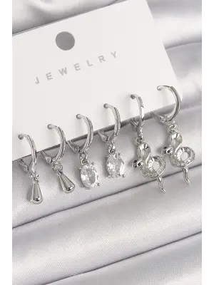 Gümüş Sallantı Zirkon Taşlı Yılan Model Çelik Küpe Seti