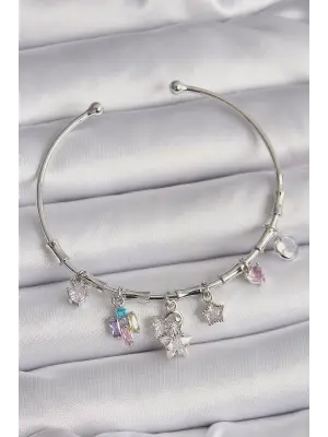 Pirinç Gümüş Renk Sallantı Zirkon Taşlı Yıldız Çoklu Figür Charm Bileklik