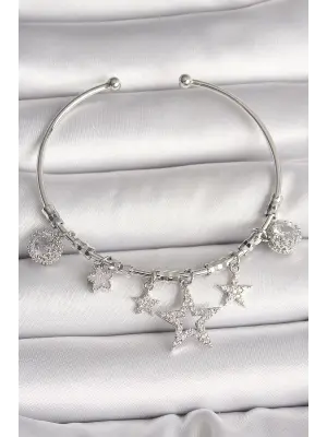Pirinç Gümüş Renk Sallantı Zirkon Taşlı Yıldız Figür Charm Kadın Bileklik