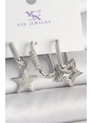 Pirinç Gümüş Renk Sallantı Zirkon Taşlı Yıldız Model 3Lü Kadın Kombin Küpe