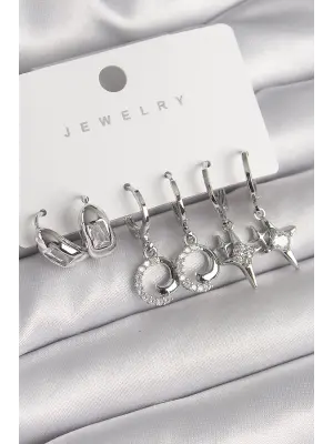  Gümüş Sallantı Zirkon Taşlı Yıldız Model Çelik Küpe Seti