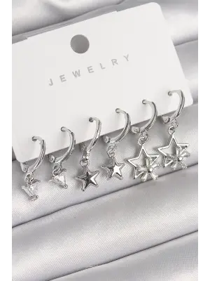  Gümüş Sallantı Zirkon Taşlı Yıldız Model Üçgen Detay Çelik Küpe Seti