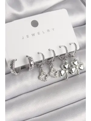  Gümüş Sallantı Zirkon Taşlı Yonca Model Çelik Küpe Seti