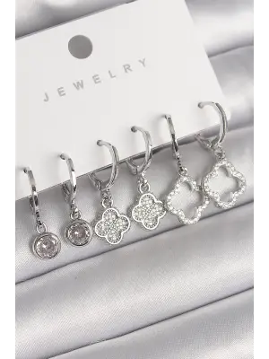  Gümüş Sallantı Zirkon Taşlı Yonca Model Çelik Küpe Seti