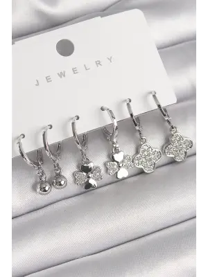  Gümüş Sallantı Zirkon Taşlı Yonca Model Topçuk Detay Çelik Küpe Seti