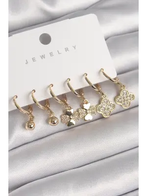 Gümüş Sallantı Zirkon Taşlı Yonca Model Topçuk Detay Çelik Küpe Seti