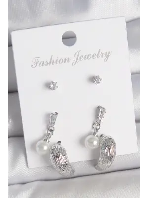 Pirinç Gümüş Renk Sallantılı Zirkon Taşlı Damla Model 3 Çift Kadın Küpe Seti