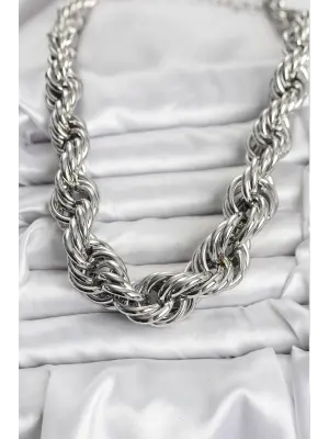Pirinç Gümüş Renk Sarmal Halat Model Kadın Kolye