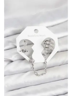 Çelik Gümüş Renk Sarmal Model Zincir Bağlantılı Ear Cuff Küpe Seti