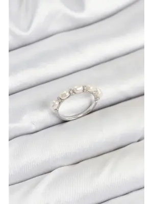 Pirinç Gümüş Renk Sıralı İncili Kadın Yüzük