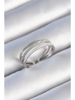  Gümüş Sıralı Zirkon Taş İnci Detay Çift Sıra Çelik Yüzük