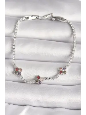 Pirinç Gümüş Renk Su Yolu Renkli Zirkon Taşlı Yonca Model Kadın Bileklik