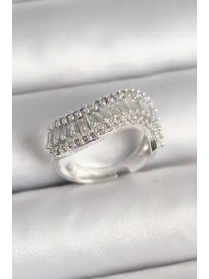 Pirinç Gümüş Renk Su Yolu Zirkon Dalga Model Ayarlanabilir Kadın Yüzük