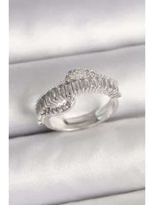 Pirinç Gümüş Renk Su Yolu Zirkon Taşlı Ayarlanabilir Model Kadın Yüzük