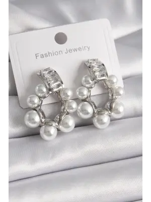  Gümüş Su Yolu Zirkon Taşlı İncili Halka Model Çelik Küpe