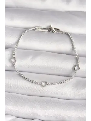 Pirinç Gümüş Renk Su Yolu Zirkon Taşlı Kalp Model Kadın Bileklik